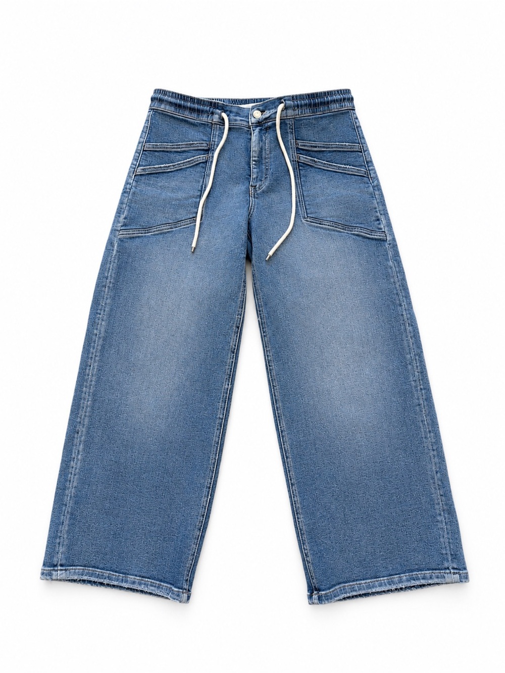 Relaxed Wide-Leg Drawstring Jeans in Mid Blue